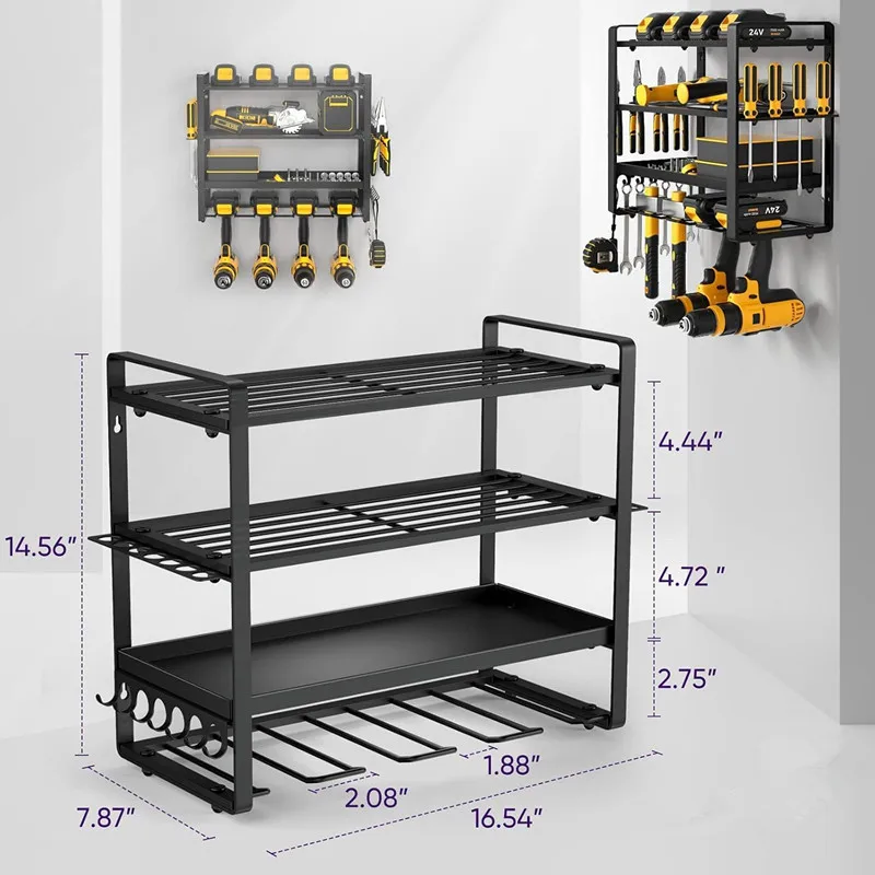 Grande organizador de ferramentas elétricas, montagem na parede, resistente, 4 camadas, 12 brocas, armazenamento de ferramentas, prateleira de bateria para oficina, galpão, porão foto 5