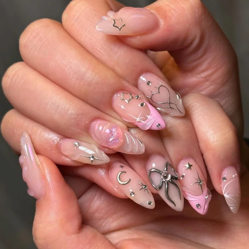 24pcs French Fake Nails Finished Almond Nails Sets Golden Bow Design False Nail Art Simple Datachable Press on Tips
