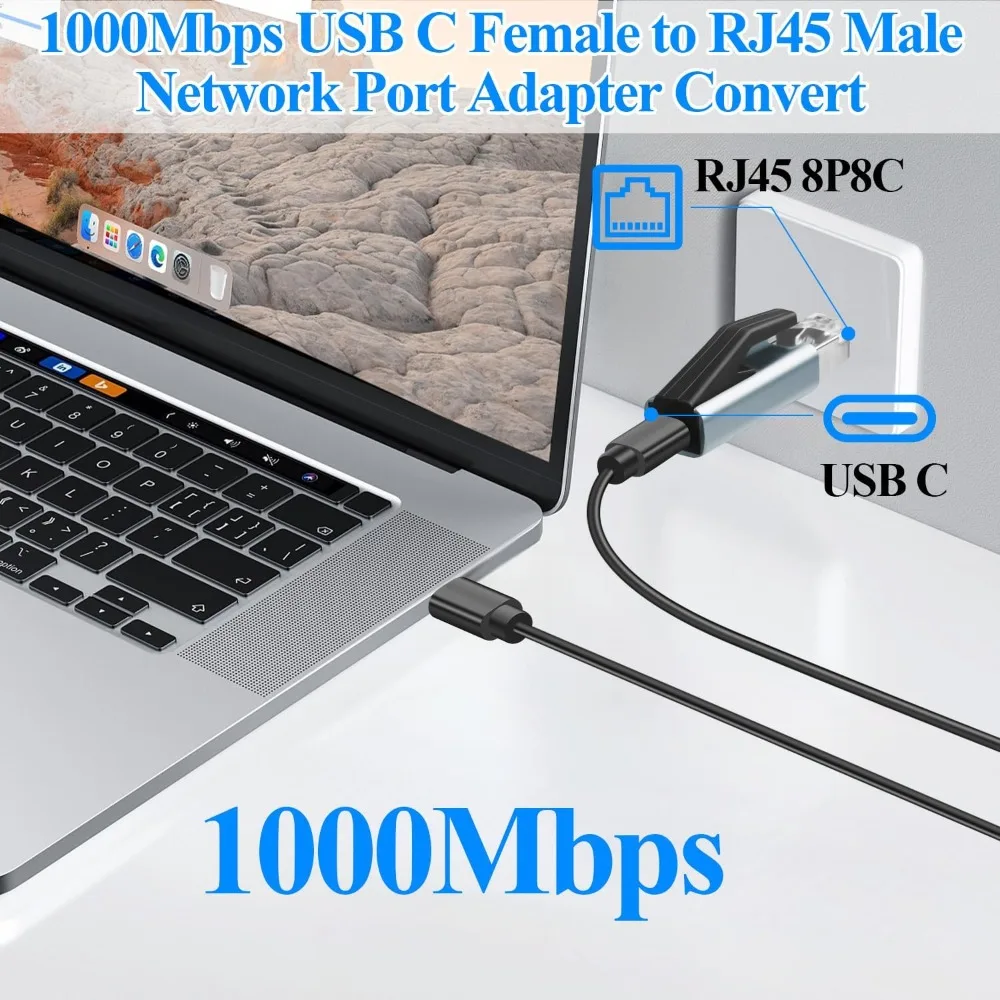 1000Mbps USB-C-RJ45 네트워크 어댑터 휴대용 유형 C-RJ45 이더넷 커넥터 네트워크 변환, 노트북 스위치 라우터용