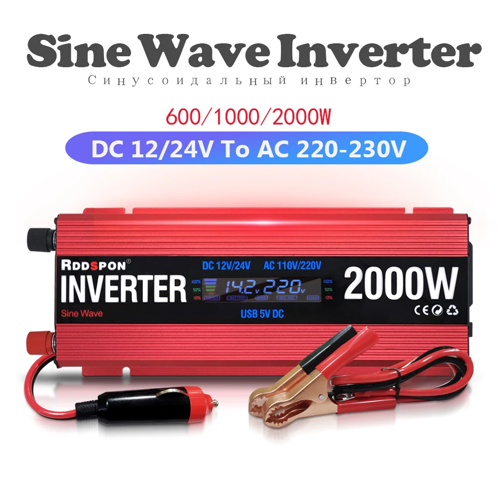 Inverter Per Auto Portatile 600/2000W Convertitore Di Alimentazione Ca Da 12V/24V A 220V Con Usb 5V, Potenza Di Conversione Inverter Per Auto A Onda S