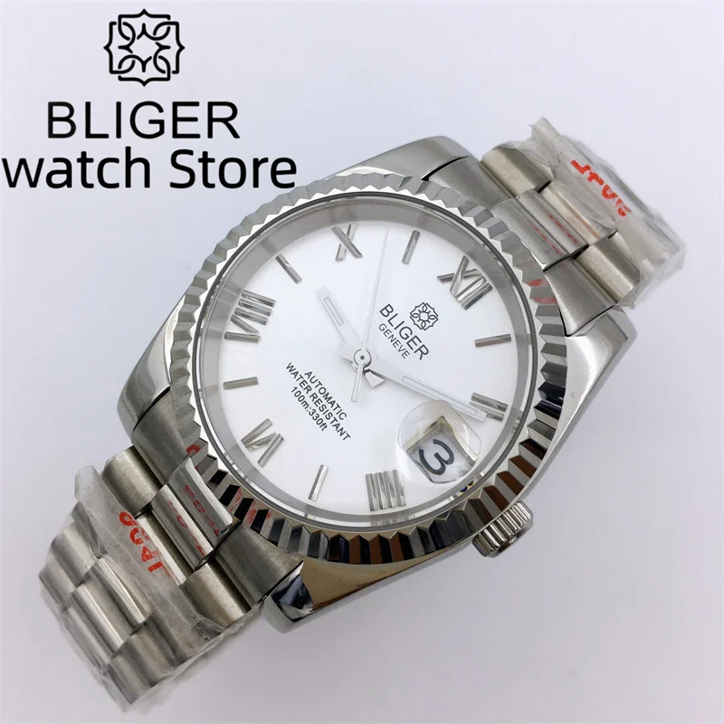 BLIGER NH35A Mechanical Watch for Men Presidential/Jubilee Bracelet 36mm/39mm Fluted Bezel Sapphire glass Roman numerals  dial
