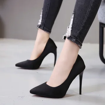 Big Size 43 Women's Boat Shoes Faux Suede High Heels Pointed Toe Pumps Stilettos Basic Pump for Female White Black Red 1