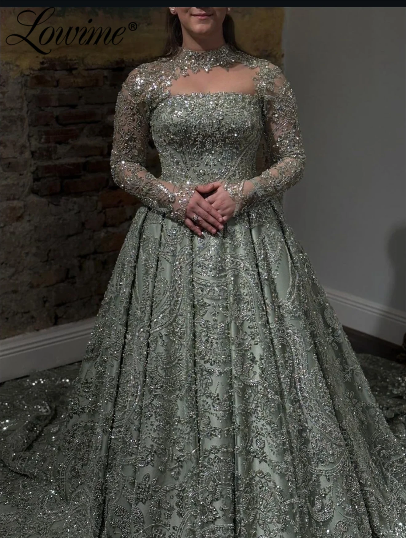 2026 Arabic Islamic Sage Green Muslim Beaded A-Line Evening Dress for Women Wedding Party Heavy Long Prom Dresses Customized