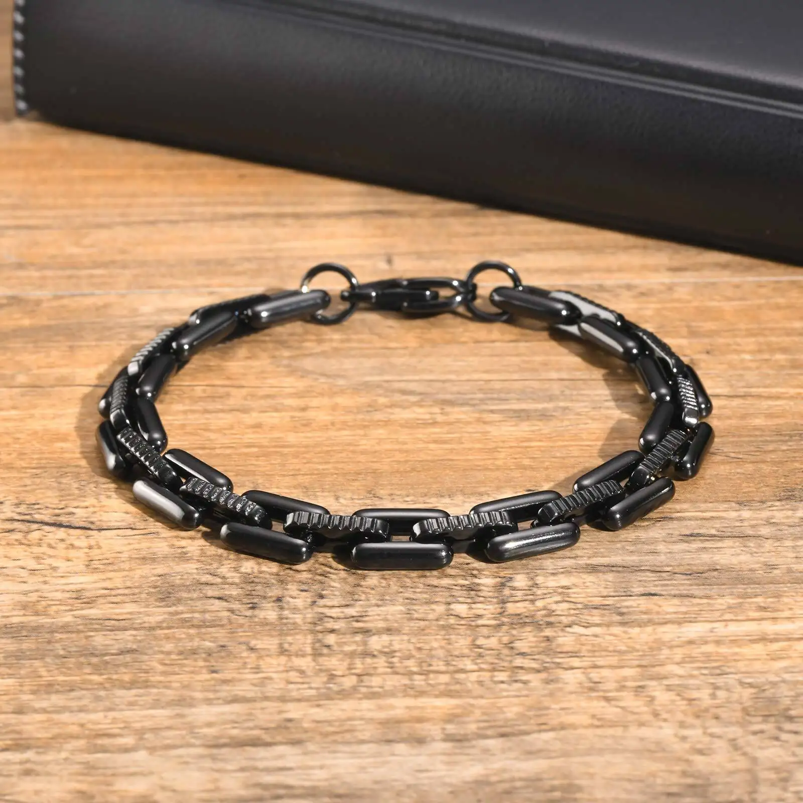Black Stainless Steel Bracelets for Men Boys,Handmade Rectangle Chain Link Wristband,Stylish Jewelry Gifs for Him