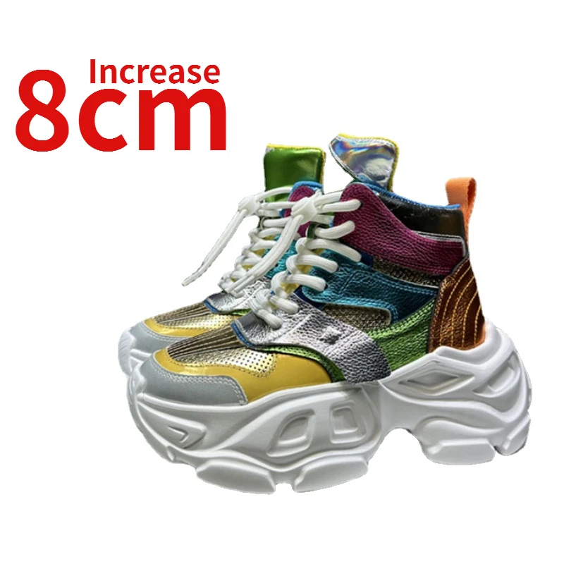 

European/American Elevated Casual Sports Shoes for Women Increased 8cm Genuine Leather Thick Sole Shoes New High-top Dad's Shoes