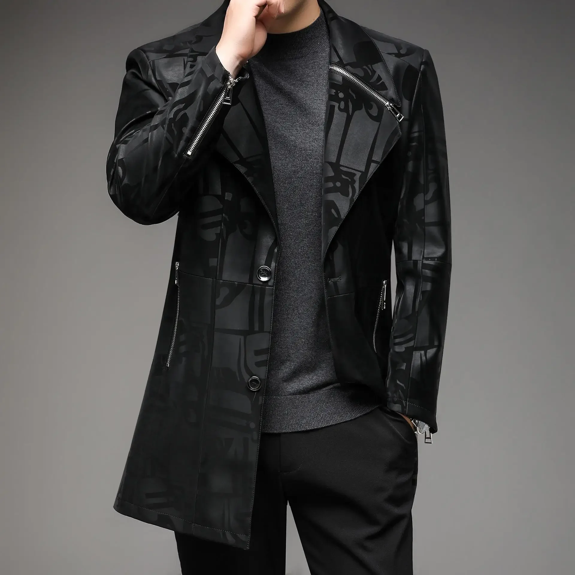 Multiple Zipper Striped Grid Leather Jacket Slim Sheepskin