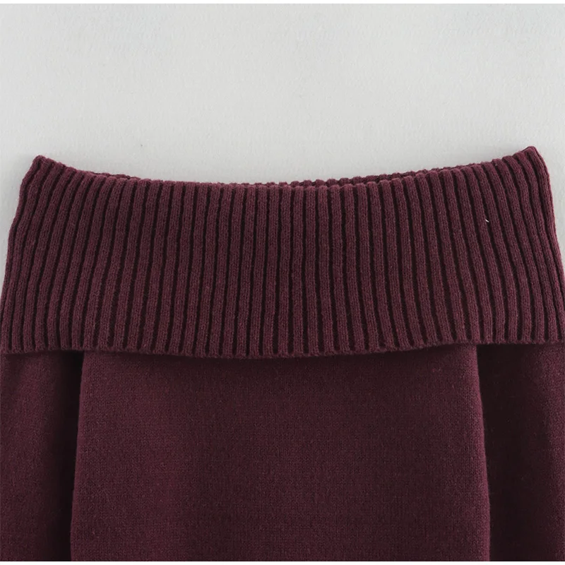 Suéter elegante burdeos con hombros descubiertos para mujer, jersey de punto de manga larga ajustado, prenda informal de punto de calle de primavera 2025