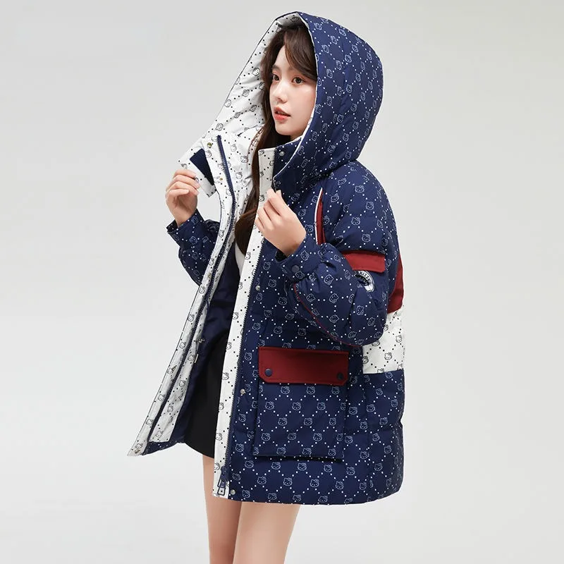 2023 New Women Down Jacket Winter Coat Female Warm Thick Parkas Loose Outwear Mid Length Version Cartoon Hooded Overcoat S-XL
