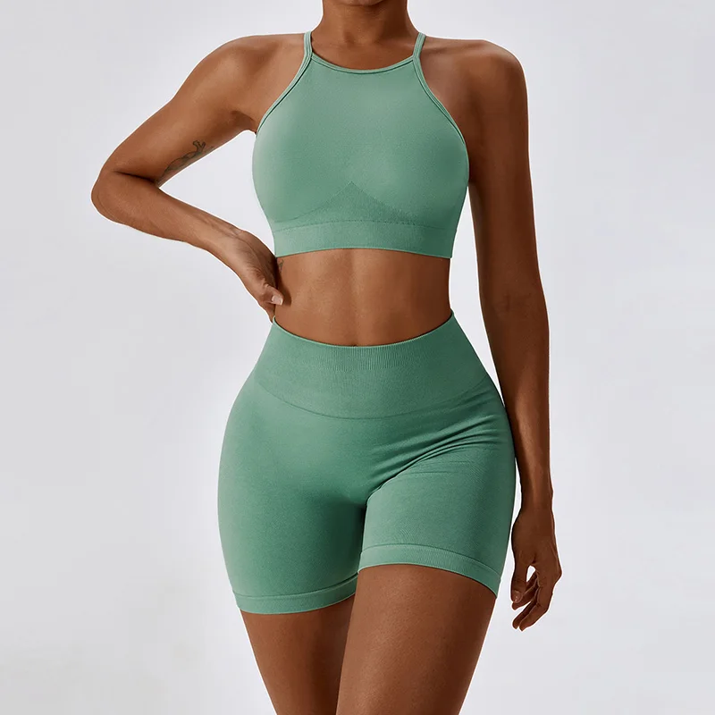 Seamless High Stretch Yoga Set Women High Neck Open Back Sports Bra & Scrunch Butt Shorts 2Pcs Gym Suit yoga set sports set sportswear set fitness set sports bra set