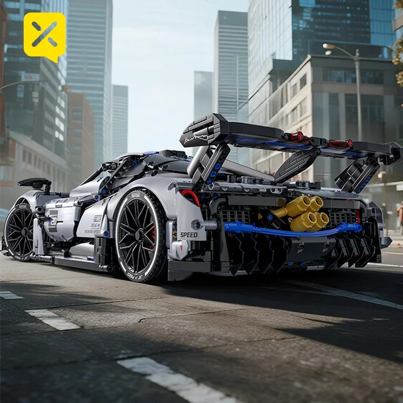 1:8 실버 블루 슈퍼카 레이싱 스포츠카 블록 세트, 후방 연결 엔진 트랙 윙 포함, 자동차 장난감에 이상적