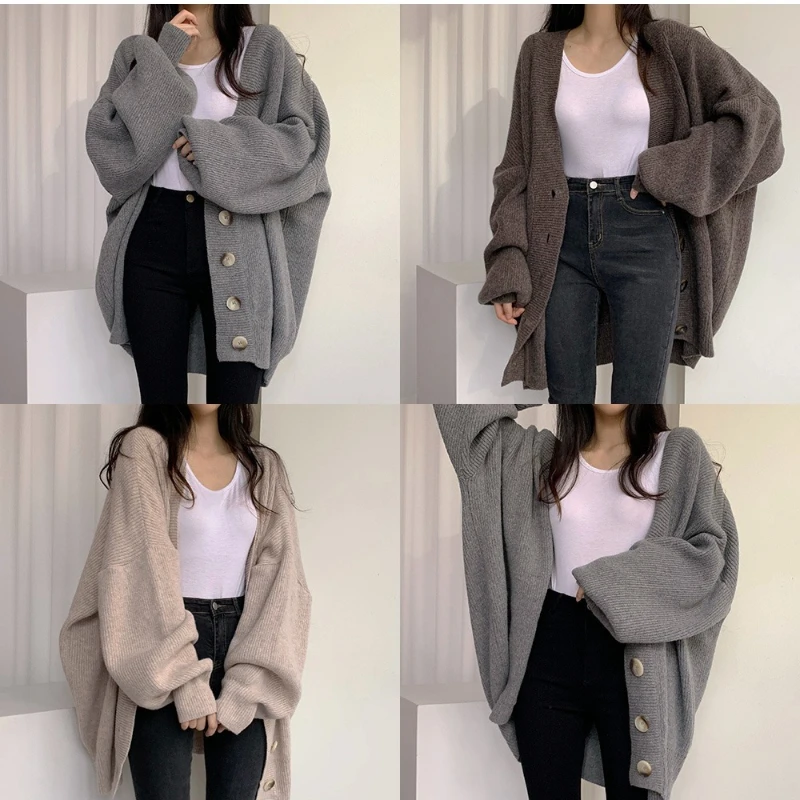 New Autumn and Winter Fashion Women's Clothing Casual V-neck Single-breasted Loose Lantern Sleeve Knitted Cardigan Sweater Coat