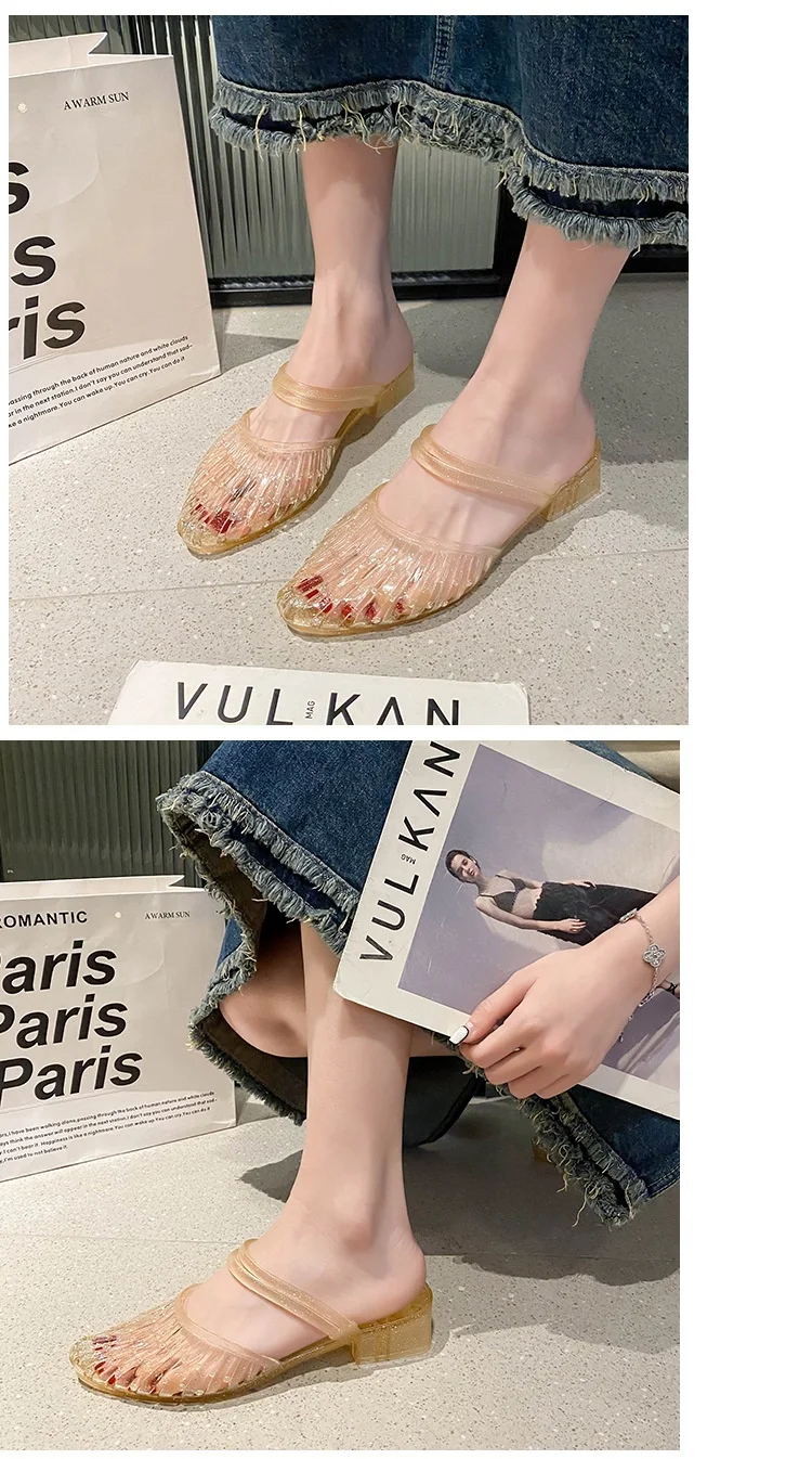 Women'S 2 In 1 Transparent Crystal Plastic Jelly Sandals Non Slip Glitter Pointed Toe Summer Casual Outdoor Beach Flat Slippers