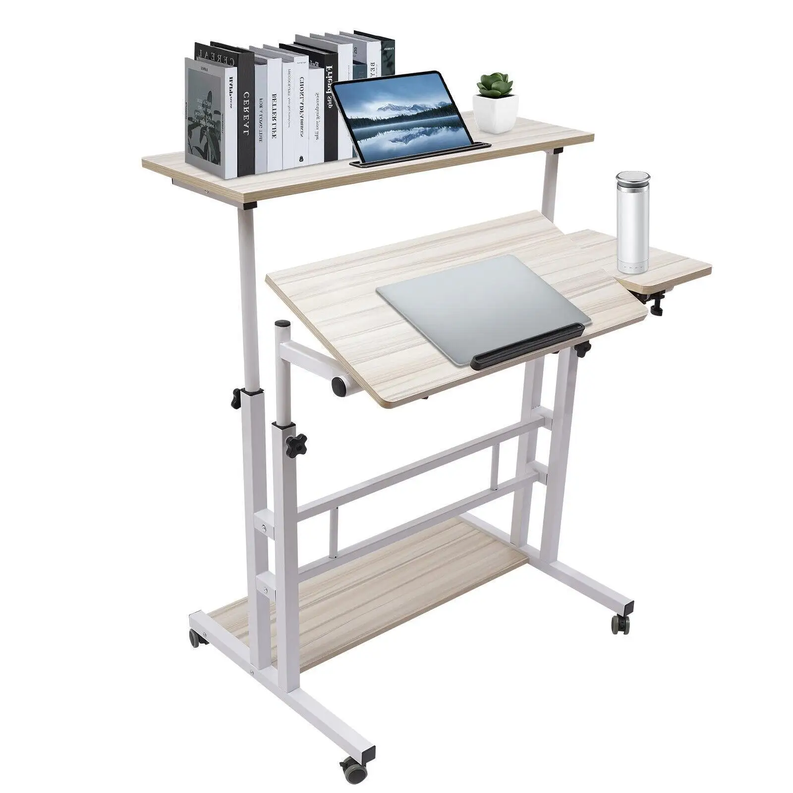 Mobile Stand Up Desk Adjustable Laptop Desk With Wheels Home Office Computer Table-White 5