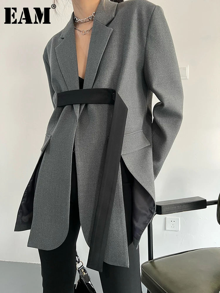 [EAM] Women Gray Ribbon button Slit Elegant Big Size Blazer New Lapel Long Sleeve Jacket Fashion Tide Spring Autumn 2026 5W1003
