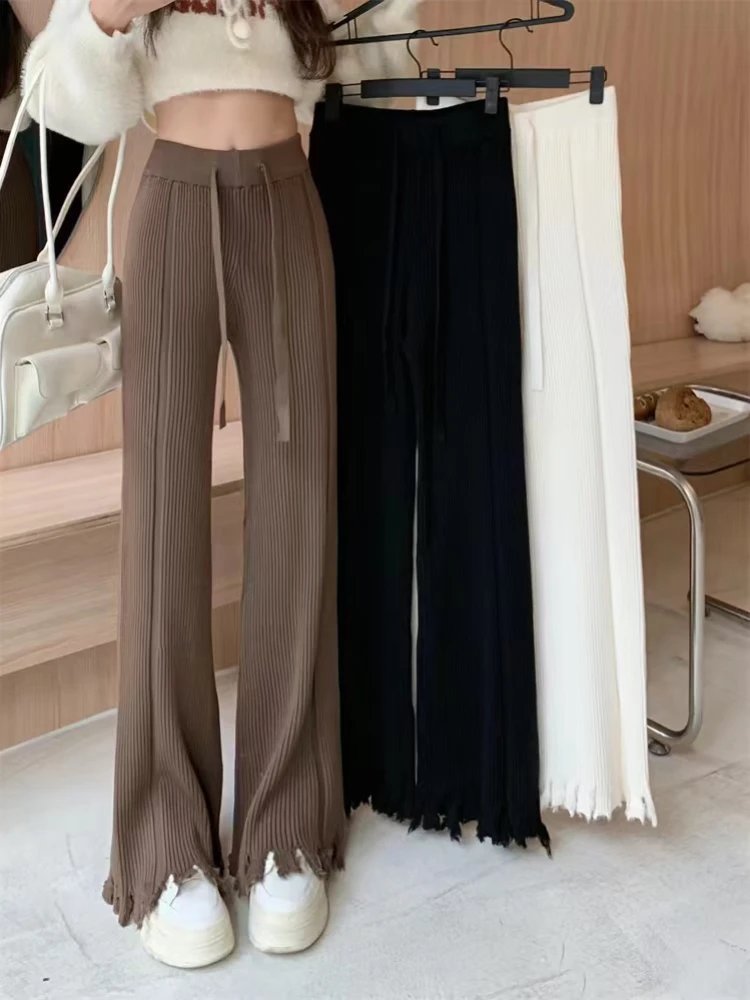 Women's Pants with Tassel Korean Fashion Casual Knitted Trousers Full-length White Vintage Thick Soft Wide Leg Pants for Women