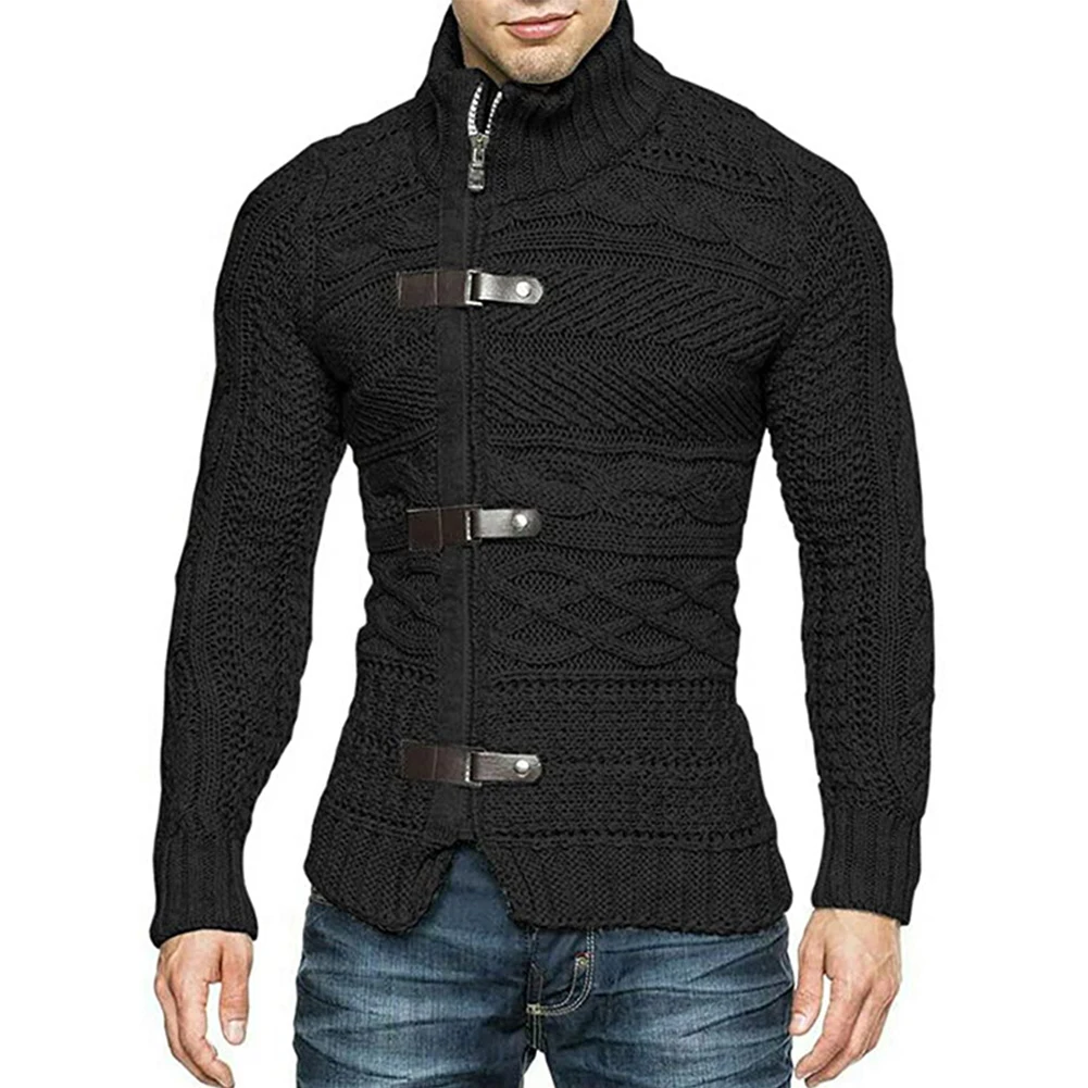 Men's Autumn Winter High Collar Sweater Cardigans Zip Up Cable Knitted Cardigan Turtleneck Sweater Coat Knitwear Jacket