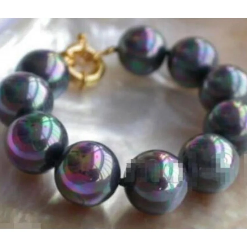

new hot Rare Huge 14mm Genuine Rainbow Black South Sea Round Shell Pearl Bracelet