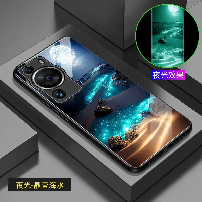 

Luminous Tempered Glass Phone Case For Huawei P50 P60 Pro Case Beach pattern Glowing Dark Cover For Huawei P60 Art Case Cover