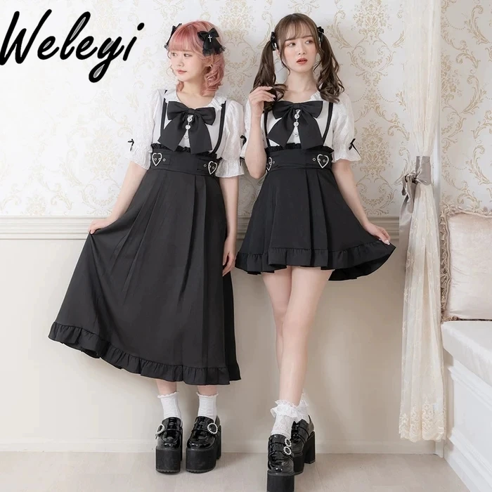 Sweet Jirai Kei Long Slip Skirt Female Student 2024 Spring/Summer New Japanese Lolita Style Detachable Black Suspender Skirts winter detachable lace collar short designer jacket women hooded korean fashion thick warm parkas female oversize padded clothes