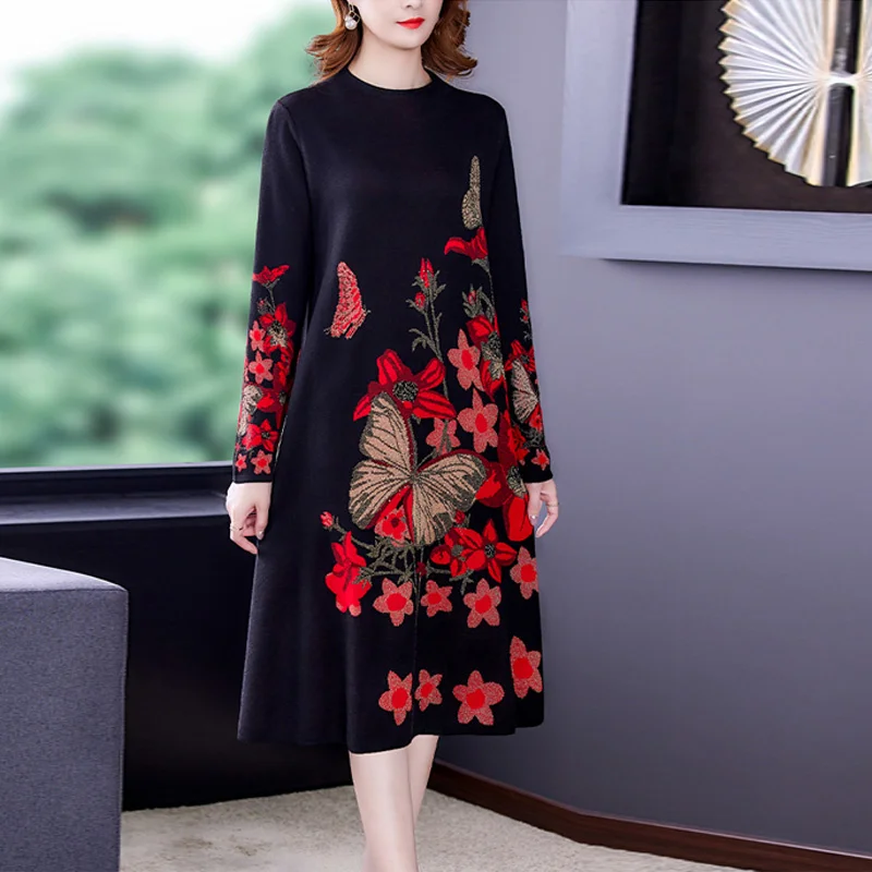 

Clothes Woman's Elegant Big Yards Wool Knitting Skirt Leisure Loose Long-Sleeved Knee-Length Dress 2023 New Women's Clothe