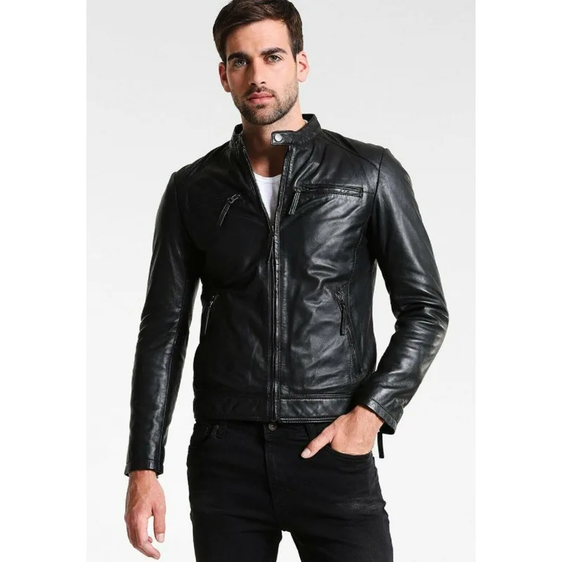 

Men's Black Genuine Leather Jacket Real Lambskin Motorcycle Biker Jacket Fashion Trends