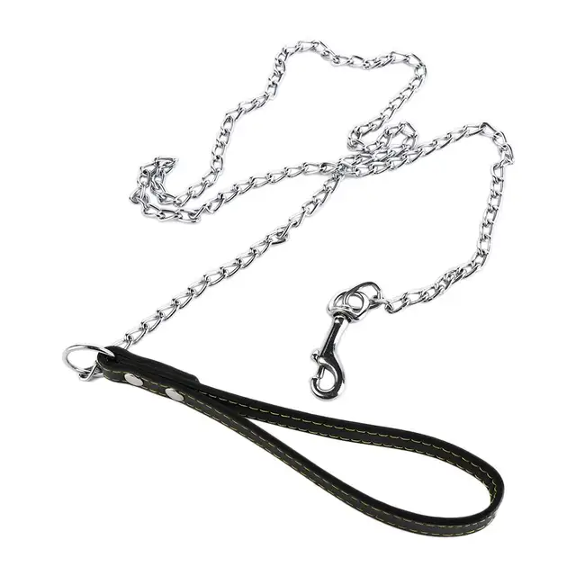 Heavy Duty Metal Chain Dog Lead With Leather Handle Long Strong Control Leash Outdoor Pet Traction Rope Anti Bite Chain Supplies 2