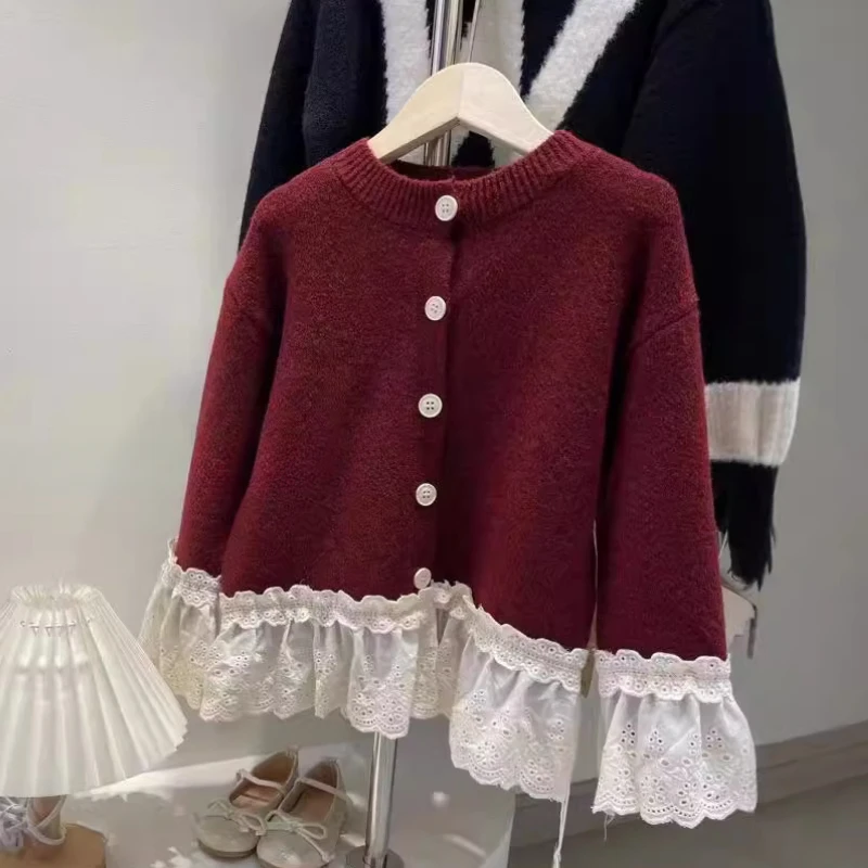 여아용 다용도 레이스 엣지 니트 가디건, 한국 에디션 스플라이싱 스웨터 코트, 2024 가을