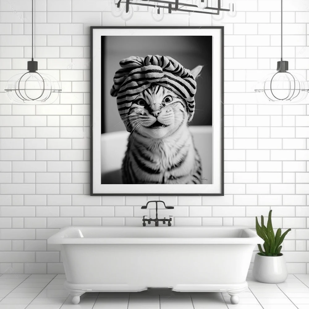 

Fluffy Cat In The Bathroom Wall Art Funny Poster Print Black White Cute Animal Bathe Stupid Canvas Painting Room Home Decor