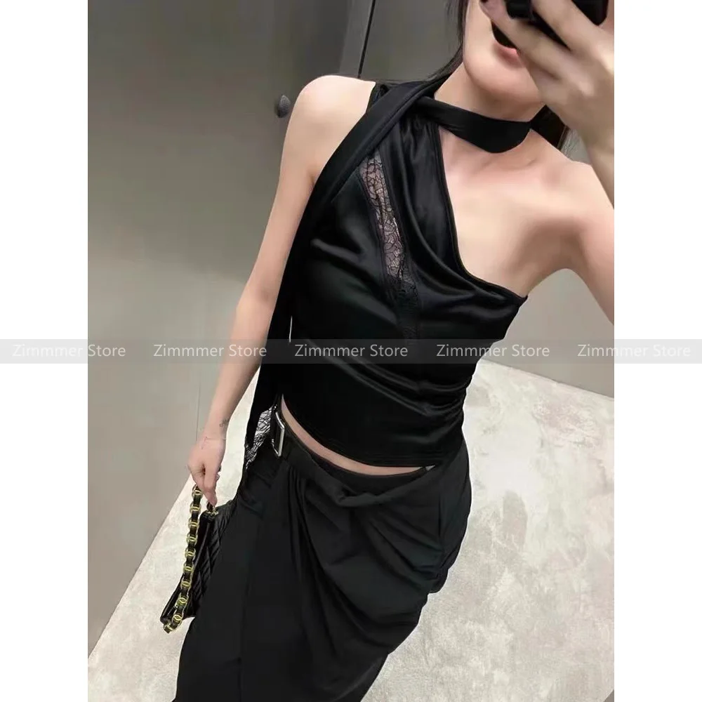 

Fashionable and elegant lace splicing straps bib style satin asymmetric strapless slimming pure desire halter tops