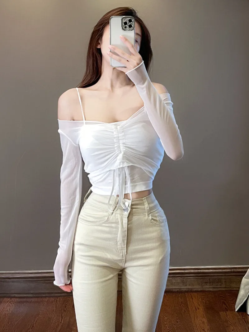 

WOMENGAGA Transparent Mesh Lace Top Elastic Drawstring TShirt Thin Shirring Short Hot Sexy Korean Women Tees Tops 2023 C6RG