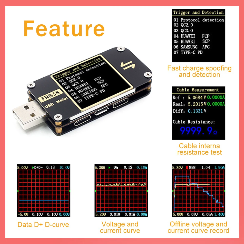 FNB38 USB Tester Current Voltage Meter QC4+ PD3.0 QC2.0 PPS FCP SCP AFC Fast Charging Protocol Capacity Tester