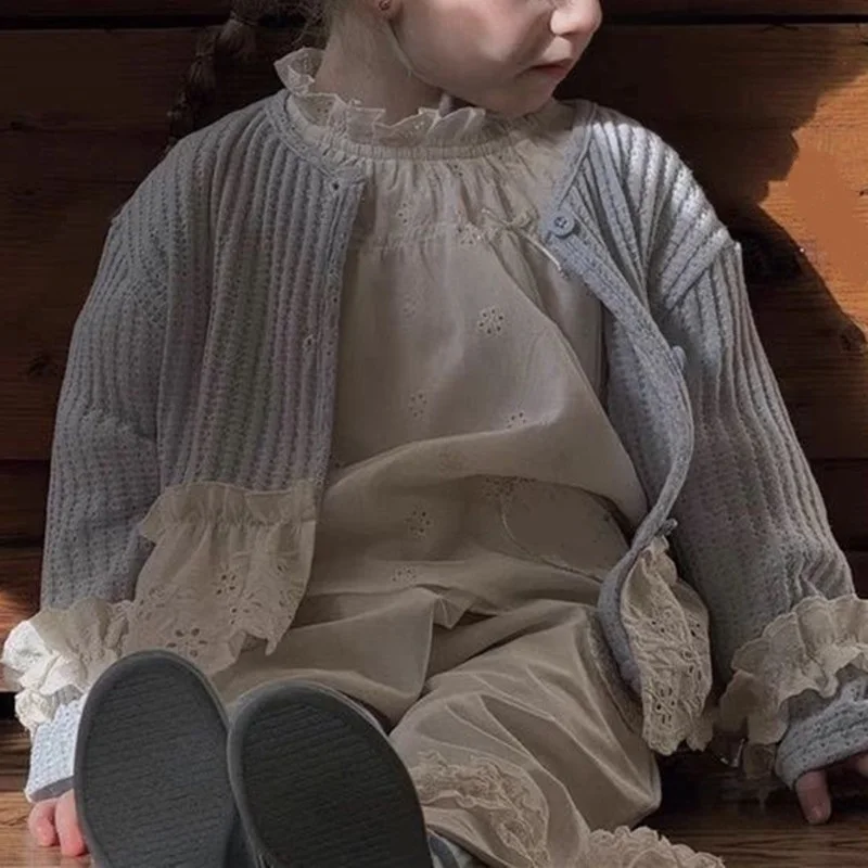 아동 의류 소녀 겉옷 봄 여름 얇은 레이스 니트 가디건 소녀를위한 어린이 긴 소매 탑 패치 워크 자켓