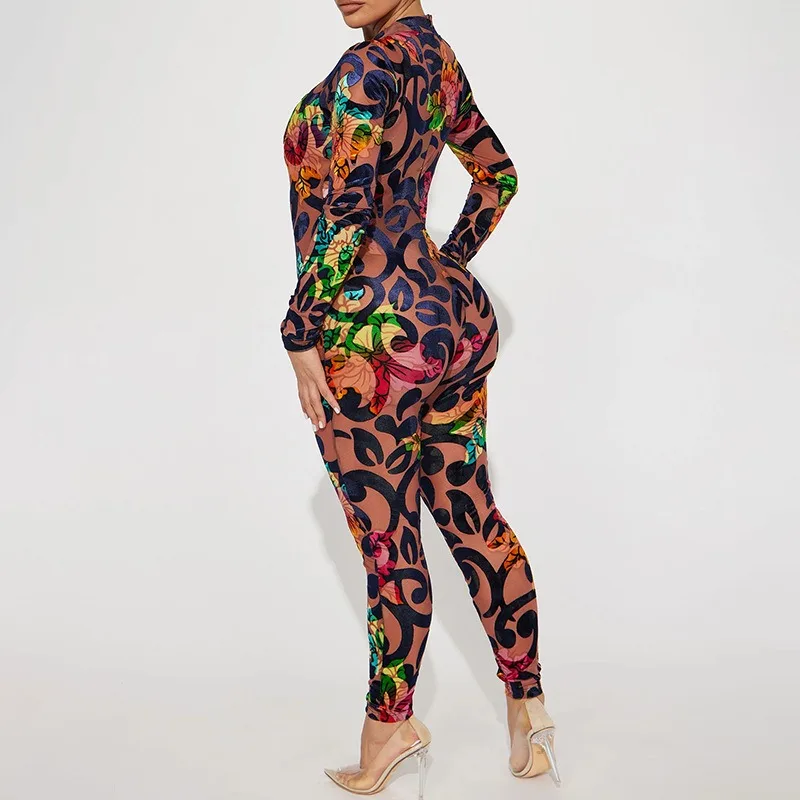 Autumn Jumpsuits Women New Long Sleeves Print Mesh Bodycon O-neck Sexy Jumpsuits Fashion Streetwear Casual Sports Club Rompers