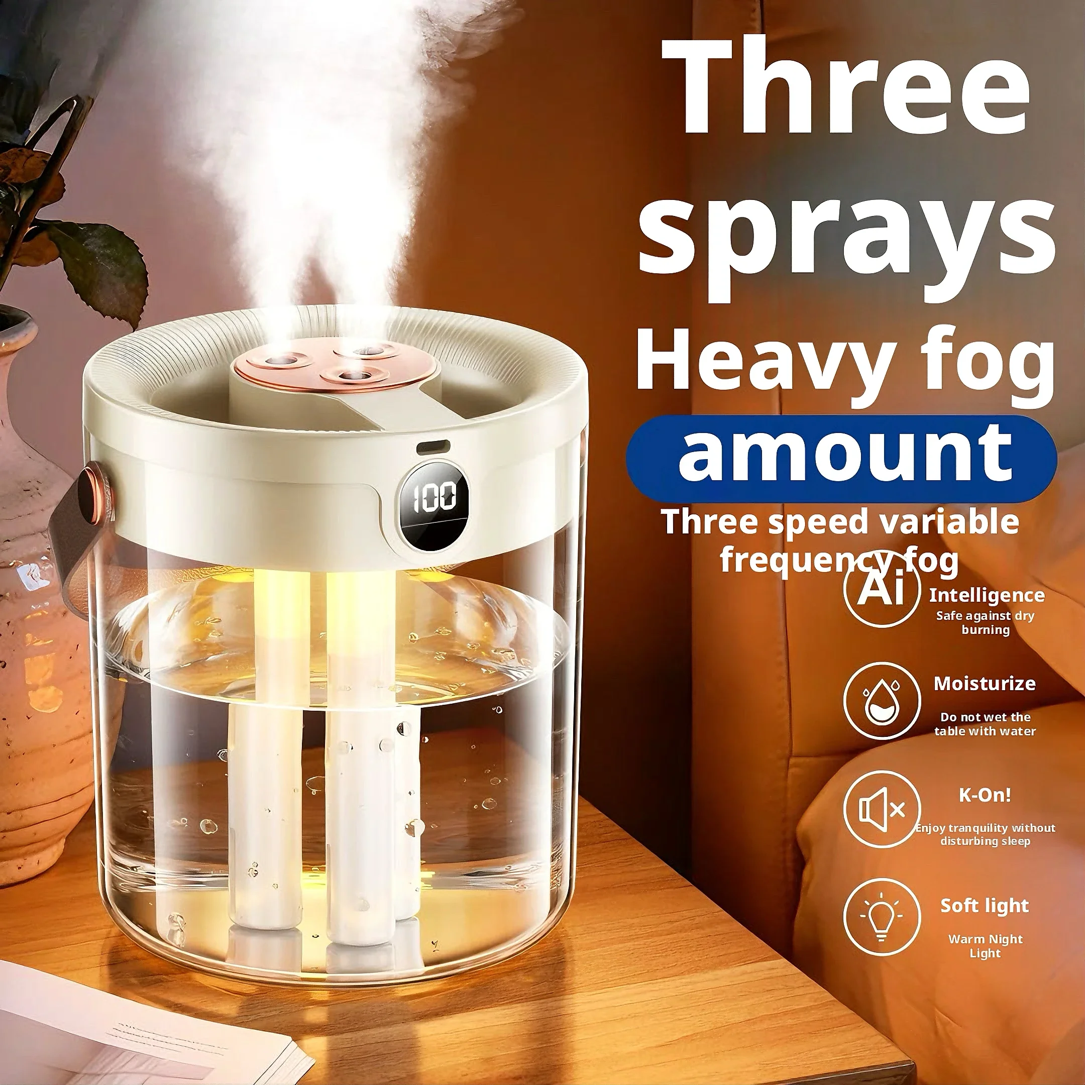 Rechargeable 3 Spray Humidifier Large Capacity Quiet Air Humidifier with Night Light Portable for Home Office Bedroom Desktop 1
