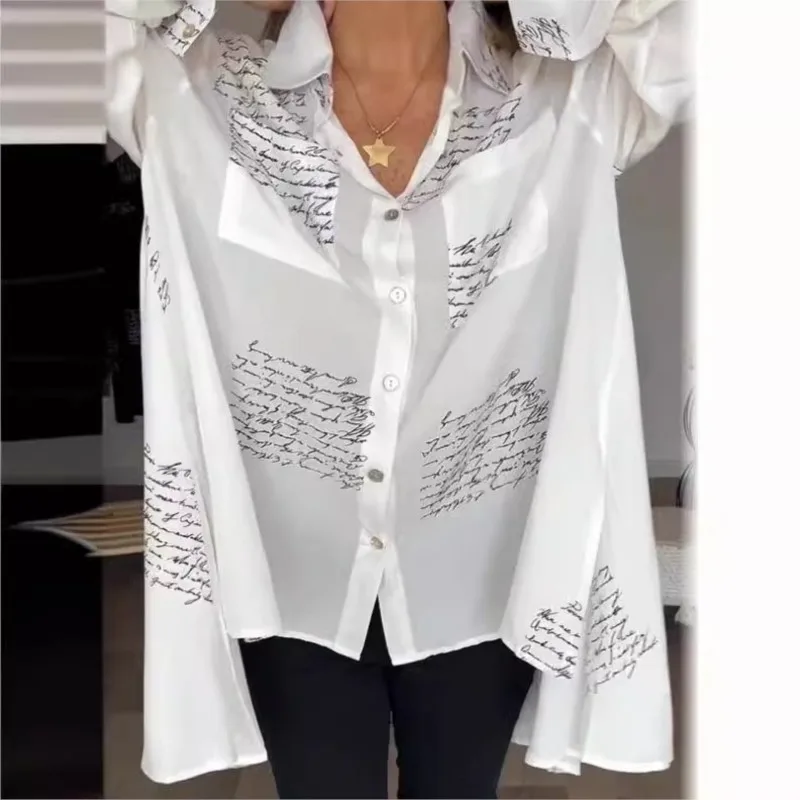 

Женская модная рубашка с принтом алфавита на весну и осень, Женская Повседневная офисная рубашка-блуза на пуговицах с длинным рукавом и карманами