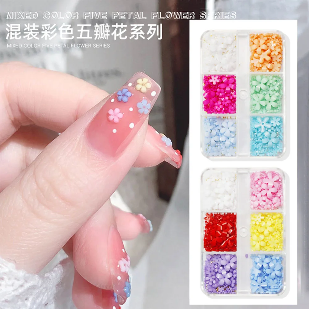 

6Grids/Box 3D Acrylic Five-petal Flower Nail Charms Mixed Size Florets Jewelry Gem Beads Charm DIY Nails Part For Manicure YL0/