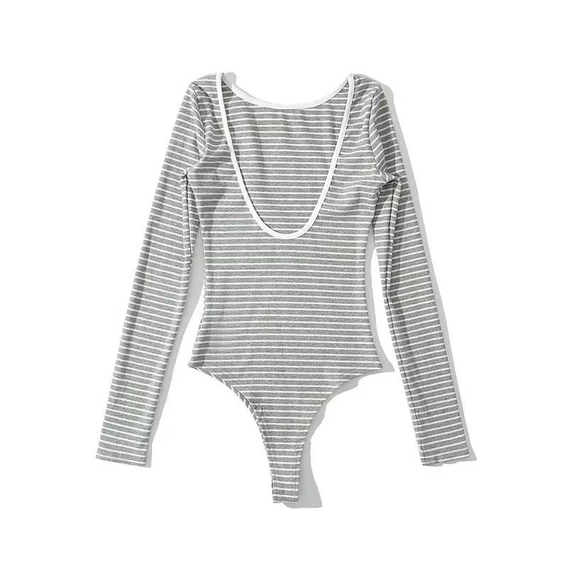 Women Cotton Low Back Long Sleeve Black And White Striped Bodysuit