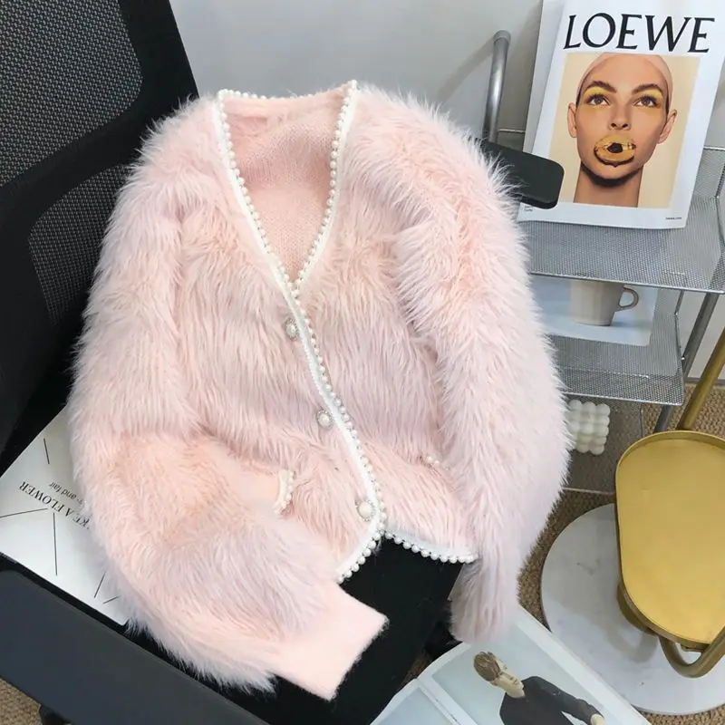 

Mink Velvet Pink Sweater Jacket Women Sweet Autumn Winter Korean Loose Short Coat V-Neck Knit Cardigan Pearl Button Knitwear Top