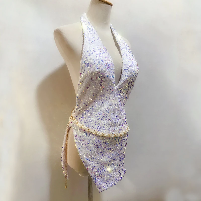 

New Colorful Shiny Sequins Halter Pole Dance Dress Sexy Gogo Dancer Costumes Women Jazz Dance Outfit Nightclub Bar DJ Rave Wear