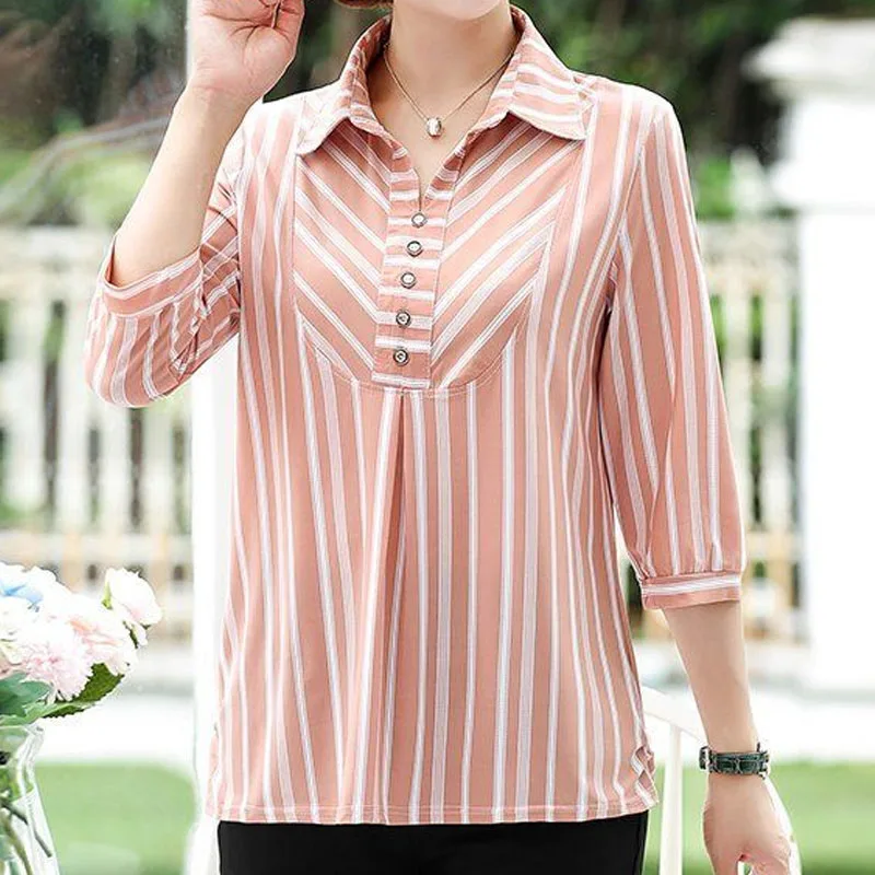 Women's Clothing Fashion Striped Printed Polo-Neck Blouse 2023 Summer New Commute 3/4 Sleeve Casual Pullovers Shirt for Female