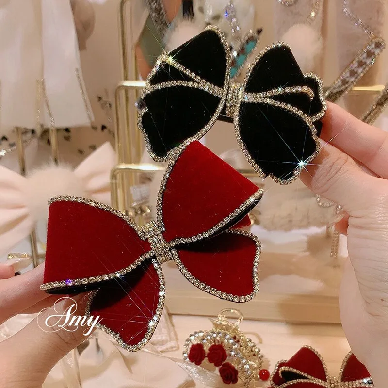 Sparkling Rhinestone Velvet Bow Hair Clip Women's Back Head Spoon One line HairClip Top Clip Temperament Red Clip Headpiece