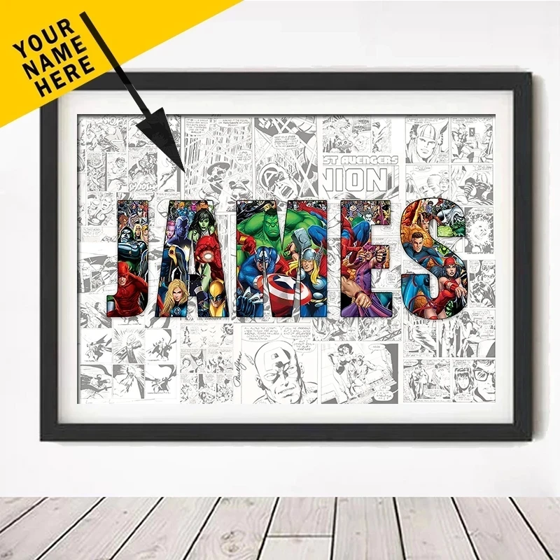 

Personalised NAME Word Art Print Marvel Superhero Character Posters Avenger Canvas Painting Wall Art Customize Gift Home Decor