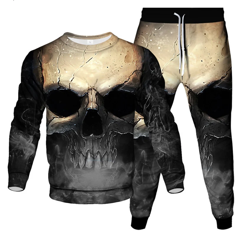 Fashion Skull Fire 3D Print Men's Sportswear Set Casual Long-Sleeved T Shirt Pants 2-Piece Set Oversized Pullover Men Clothing 5