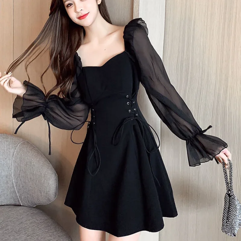 

2024 Spring New Fashion Elegant Dress French Style Square Collar Slim A-line Robe Sweet Mesh Patchwork Puff Sleeve Vestido J52