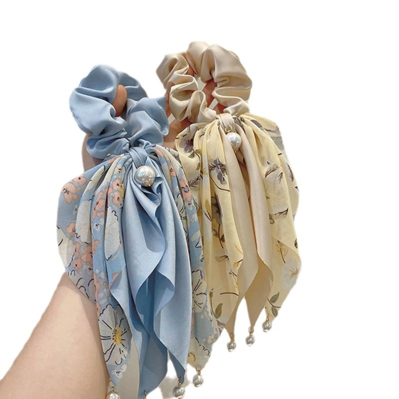 1PC　Floral Print Satin Hair Scrunchies with Ribbon & Pearl Accents, Elegant Hair Ties for Women, Charming Hair Accessories Set