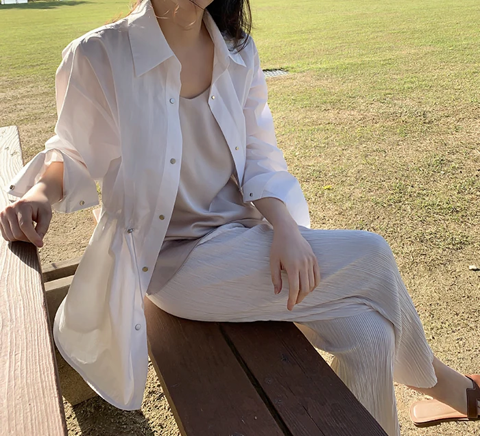 Description Picture 2 of itemAutumn White Women's Shirt Outwear 2024 New Spring Solid Korean Thin Lace Up Single Breasted Cardigan Jacket Pockets Female