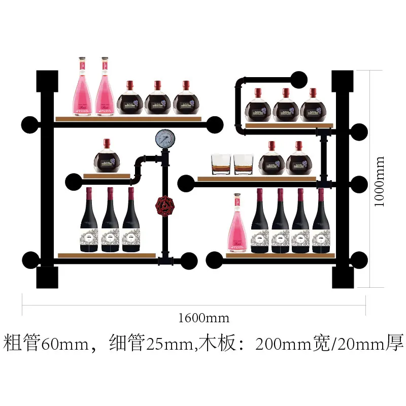 Iron Pipe and Wood Board Assembly Artistic Wine Rack Set Display rack Wall Mounted Shelves for Glassware Bookshelf