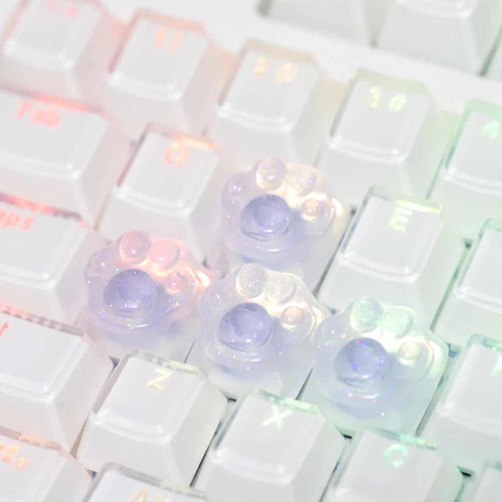 Purple Translucent Cat Paw Anime Keycap with Backlit RGB - Cute Kawaii Pink Cyan Custom ESC & WASD Cap