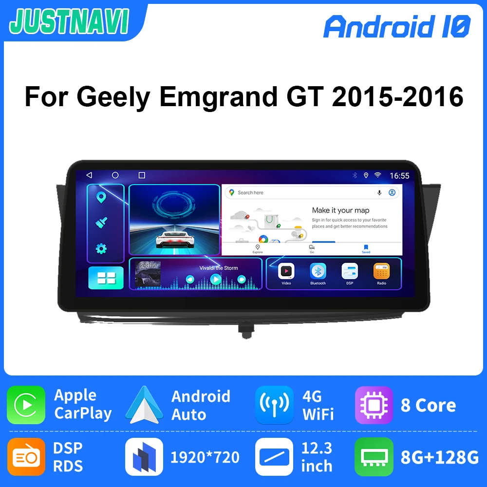 

JUSTNAVI 1920*720 8+128G 12.3inch 4G LTE Android Car GPS Radio Player For Geely Emgrand GT 2015 2016 Carplay Auto RDS 8Core BT