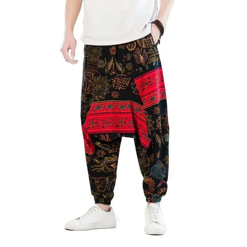 

Vintage Ethnic Print Cotton Linen Joggers Pants Men Baggy Hippie Boho Gypsy Yoga Aladdin Harem Pants Men Streetwear Fashion New